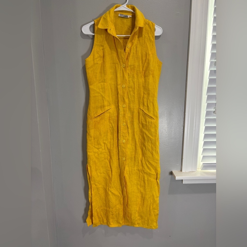 VTG NY Sake 4 100% Linen Dress Sleeveless Hidden Button Front Yellow Midi Dress